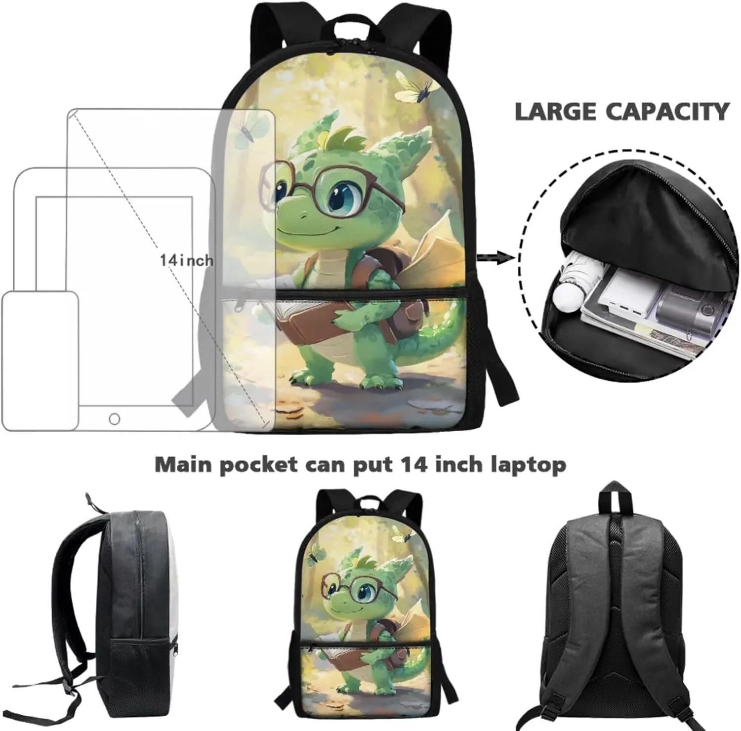 Coldinair 3D Cartoon Dinosaur Backpack School Bag Multicolor Polyester Bookbag Sets with Lunch Box Pencil Case Water Bottle Holder 17 inch Preschool Elementary Student Bookbag Mochilas Para NiñAs