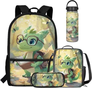 Coldinair 3D Cartoon Dinosaur Backpack School Bag Multicolor Polyester Bookbag Sets with Lunch Box Pencil Case Water Bottle Holder 17 inch Preschool Elementary Student Bookbag Mochilas Para NiñAs