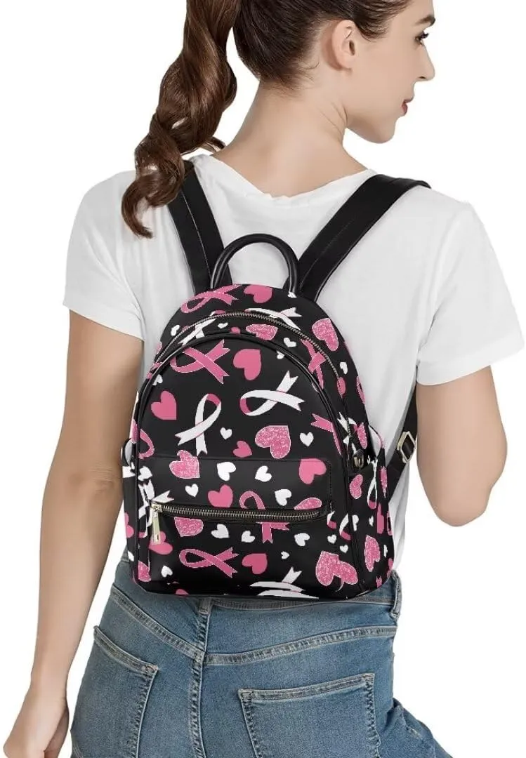 Coldinair Pink Ribbon Backpack for Women,Breast Cancer Awareness Small Backpack Purse for Women Girls Teen,Mini Leather Backpack Purse Anti-theft Waterproof Shoulder Bag Handbag for Travel School
