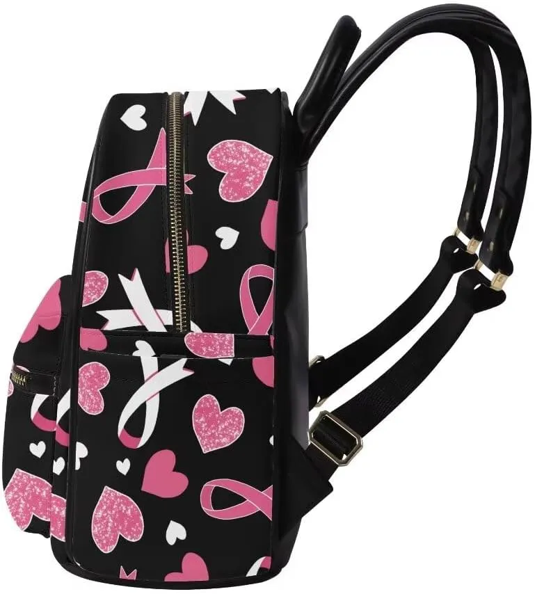 Coldinair Pink Ribbon Backpack for Women,Breast Cancer Awareness Small Backpack Purse for Women Girls Teen,Mini Leather Backpack Purse Anti-theft Waterproof Shoulder Bag Handbag for Travel School