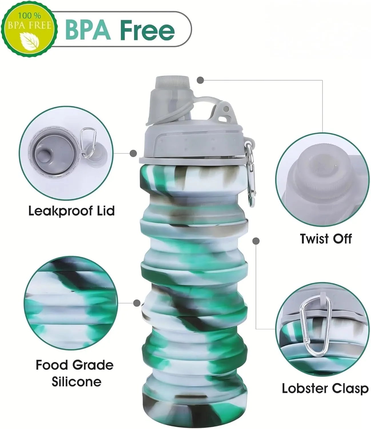 Collapsible Sports Water Bottles 500ml 16oz,Leak Proof Twist Cap BPA Free Retractable for Home Outdoor,Biking,Hiking Portable Water Bottle Cups(5)