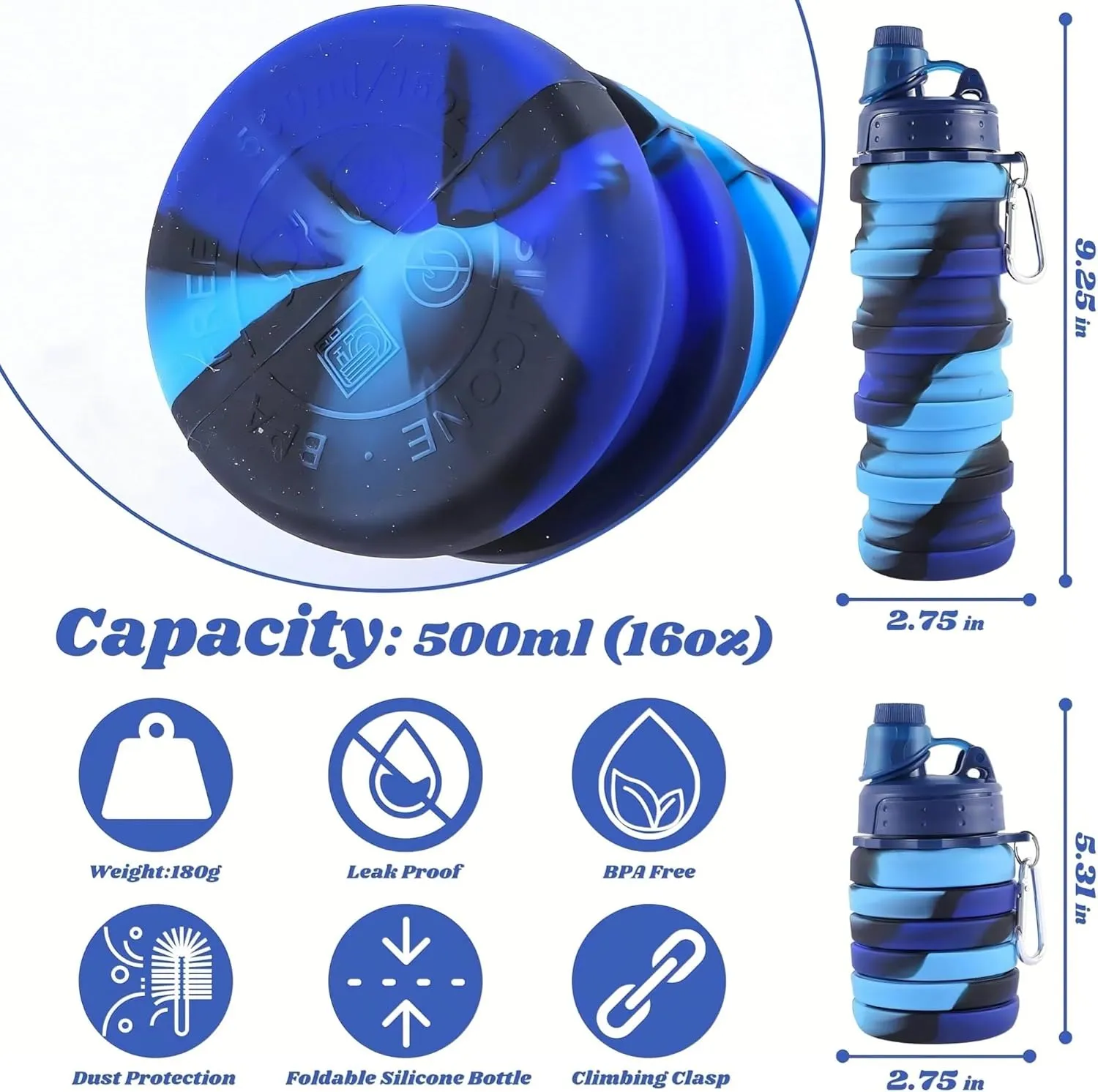 Collapsible Sports Water Bottles 500ml 16oz,Leak Proof Twist Cap BPA Free Retractable for Home Outdoor,Biking,Hiking Portable Water Bottle Cups(5)