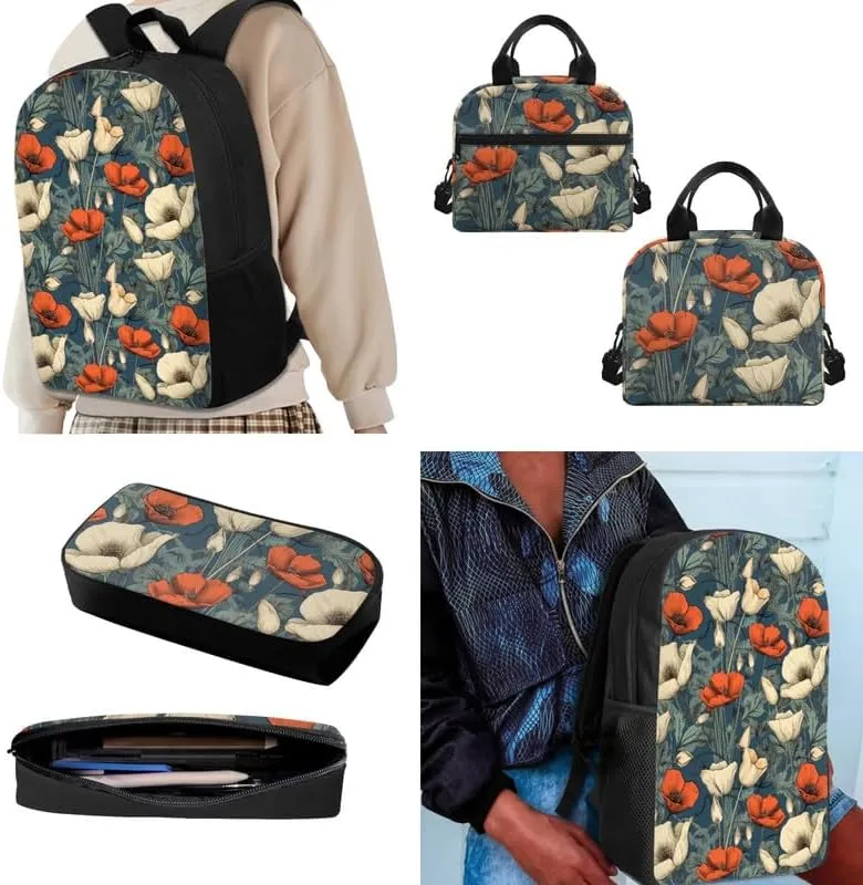 Colorful Cineraria 3Pcs Backpack with Insulated Lunch Bag Pencil Box Red White Cineraria Flower Elementary Students Bookbag Watercolor Plant Floral Large Capacity Backpack Set