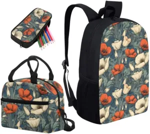Colorful Cineraria 3Pcs Backpack with Insulated Lunch Bag Pencil Box Red White Cineraria Flower Elementary Students Bookbag Watercolor Plant Floral Large Capacity Backpack Set