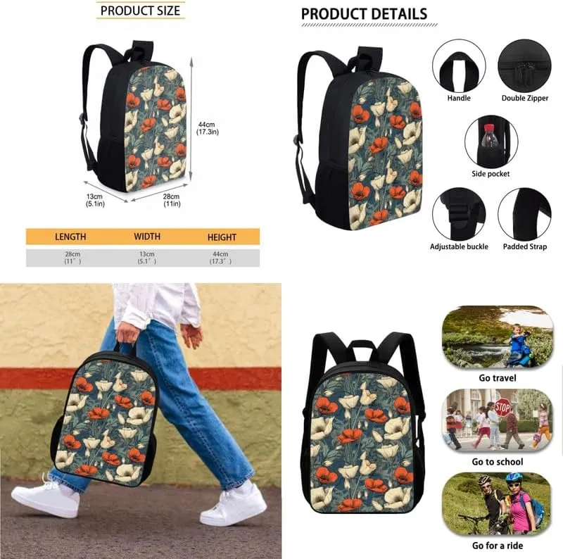 Colorful Cineraria 3Pcs Backpack with Insulated Lunch Bag Pencil Box Red White Cineraria Flower Elementary Students Bookbag Watercolor Plant Floral Large Capacity Backpack Set
