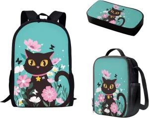 Colorful Flower & Black Cat Laptop Backpack School Supplies Lunch Box Stationery Bag Set f 3 for Kids Teenager Lightweight & Portable