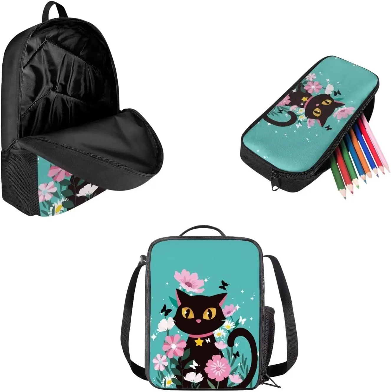 Colorful Flower & Black Cat Laptop Backpack School Supplies Lunch Box Stationery Bag Set f 3 for Kids Teenager Lightweight & Portable