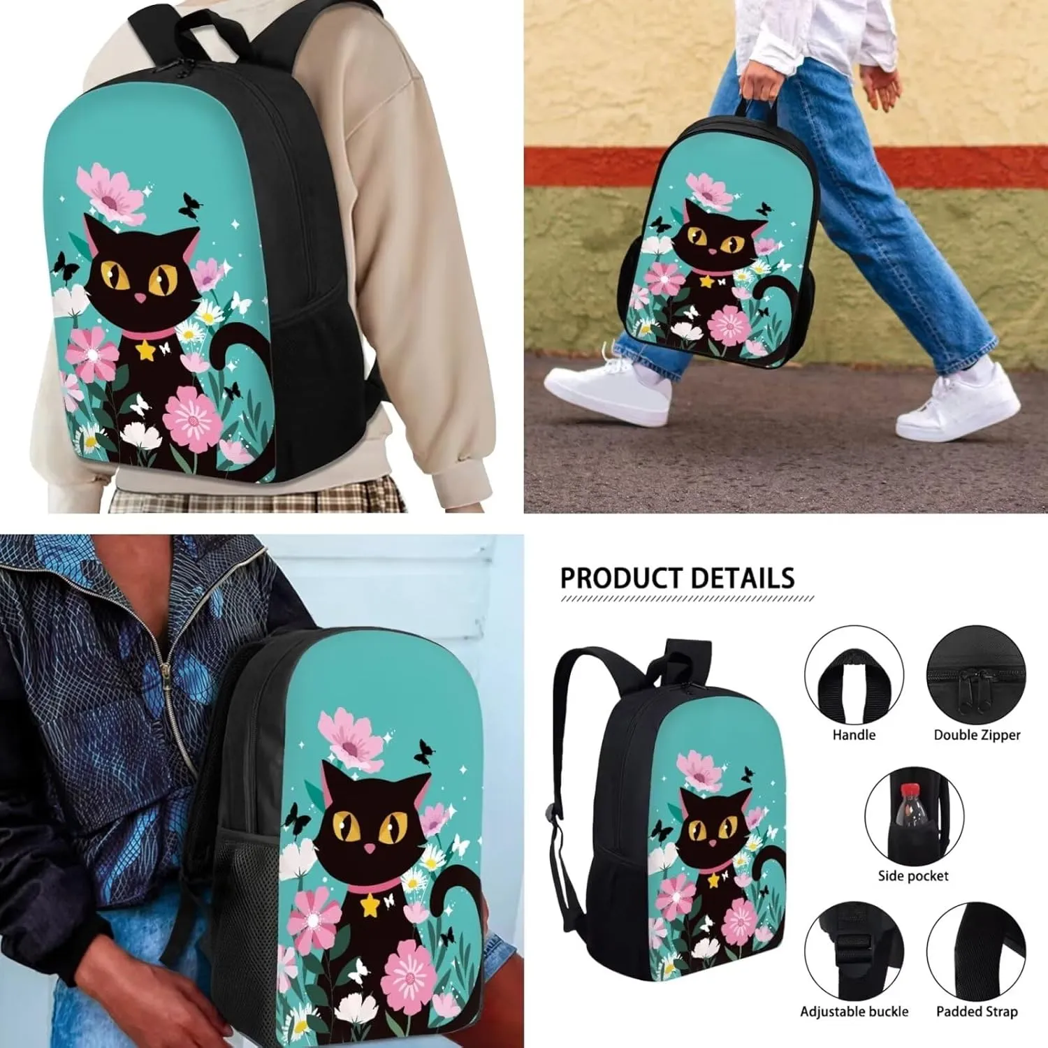 Colorful Flower & Black Cat Laptop Backpack School Supplies Lunch Box Stationery Bag Set f 3 for Kids Teenager Lightweight & Portable