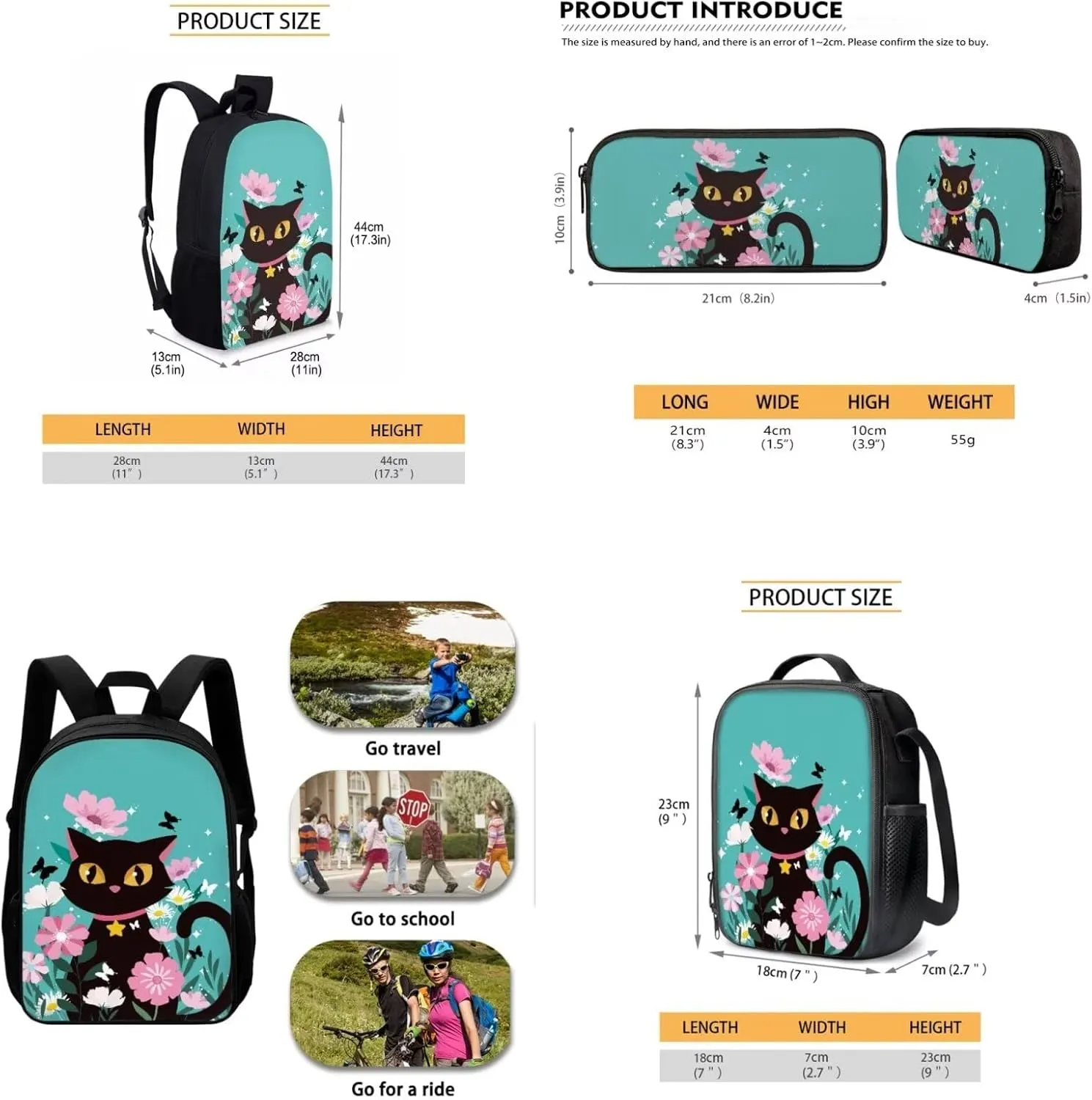 Colorful Flower & Black Cat Laptop Backpack School Supplies Lunch Box Stationery Bag Set f 3 for Kids Teenager Lightweight & Portable