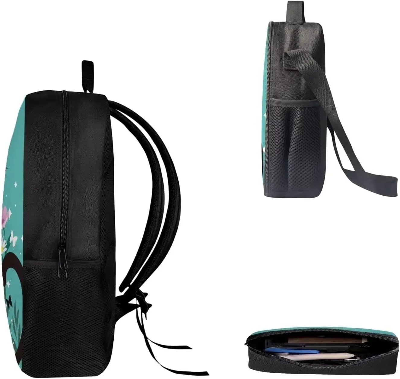 Colorful Flower & Black Cat Laptop Backpack School Supplies Lunch Box Stationery Bag Set f 3 for Kids Teenager Lightweight & Portable
