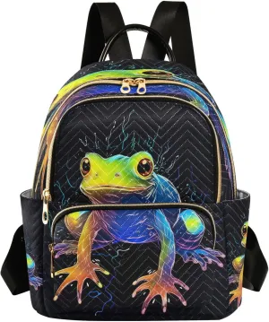 Colorful Frog Backpack Purse for Women Fashion Small Mini Daypack Purse for Lady Anti-theft Shoulder Bag with Double Zipper Weekend Bag