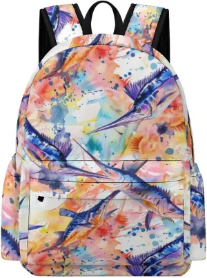 Colorful Marlin Sailfish Watercolor Print Backpack Casual Daypack Lightweight Laptop Bag for Men and Women Travel Work