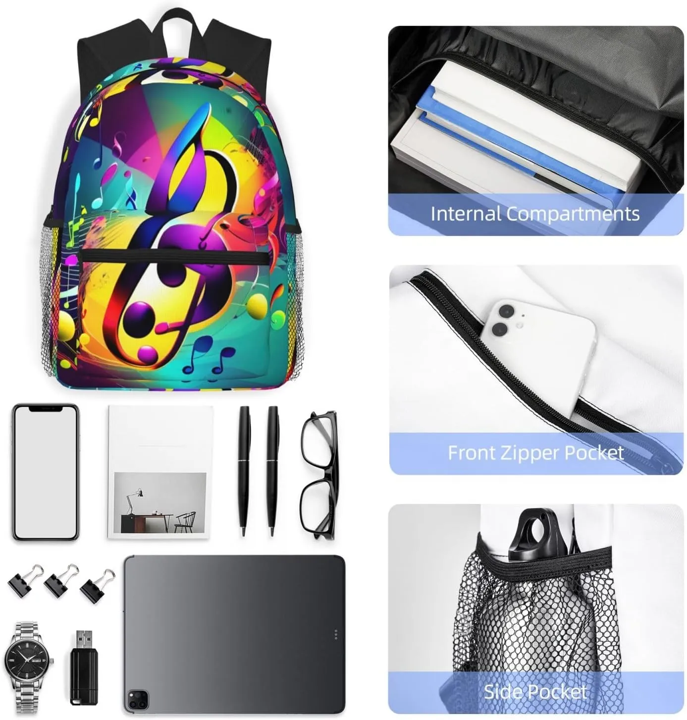 Colorful Musical Notes Print Comfortable Backpack,Your Essential Casual Travel Bag For Outdoor Adventures, SB-122