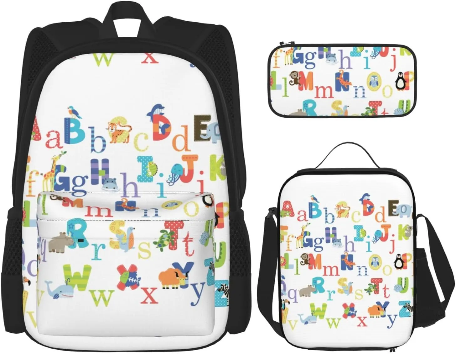 Colourful Animal Alphabet Print Versatile Adjustable Shoulder Fashion Backpack Lunch Bag Pencil Case Large Capacity