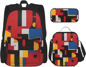 Composition in Red Yellow Blue and Black print Minimalist Backpack Three Piece Travel Backpack Set Adjustable Shoulder Bag