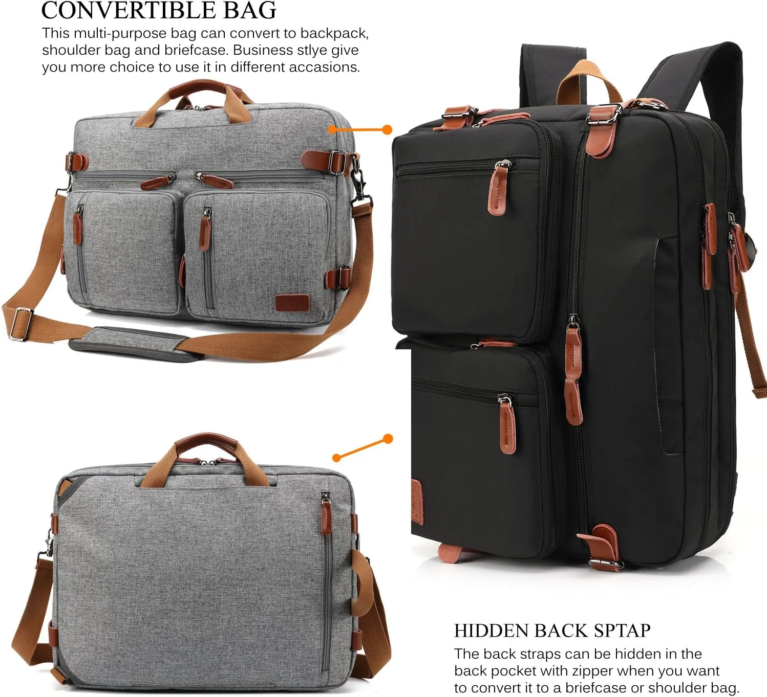 Convertible Backpack Messenger Shoulder bag Laptop Case Handbag Business Briefcase Multi-functional Travel Rucksack Fits 15.6 Inch Laptop For Men/Women (Grey)