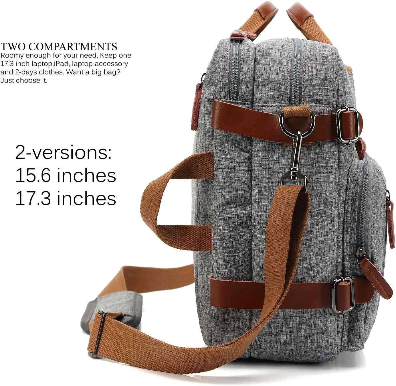 Convertible Backpack Messenger Shoulder bag Laptop Case Handbag Business Briefcase Multi-functional Travel Rucksack Fits 15.6 Inch Laptop For Men/Women (Grey)