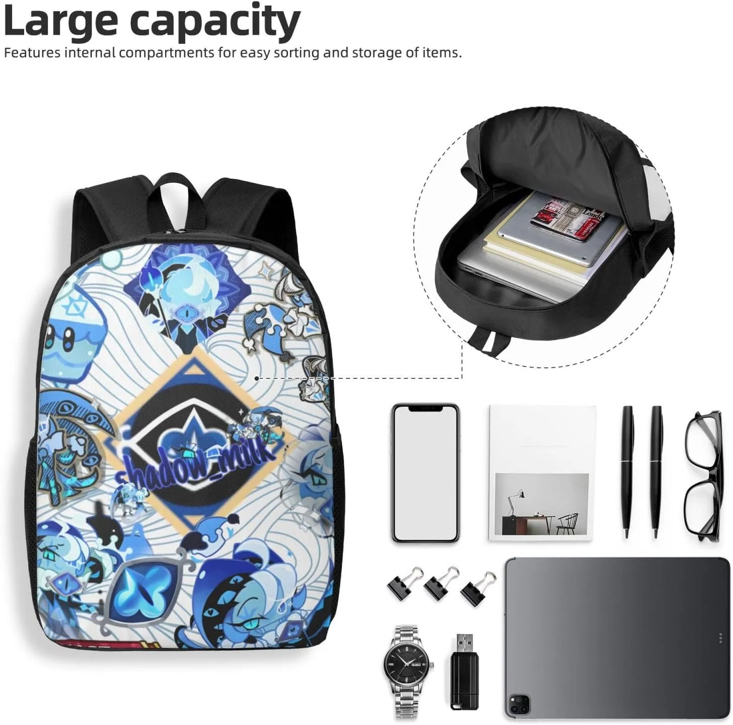 Cookie Run Kingdom Shadow Milk Cookie Fashion Backpack, School, Computer Bag.