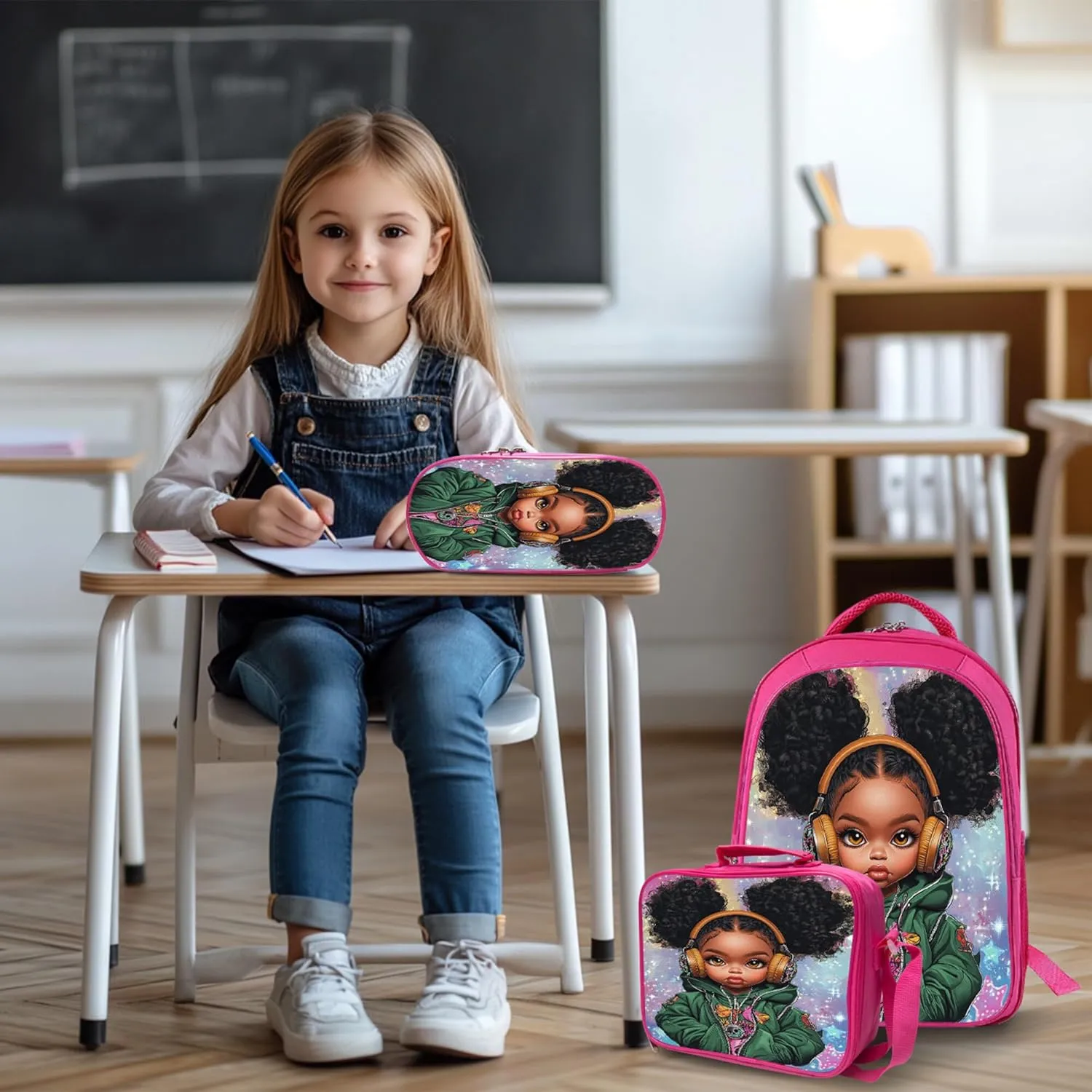 Cool Black Girl Backpack 3 PCS Set for Girls Teens, School Bag with Lunch Box Pencil Case, Lightweight Bookbag Perfect for Elementary Middle School Students