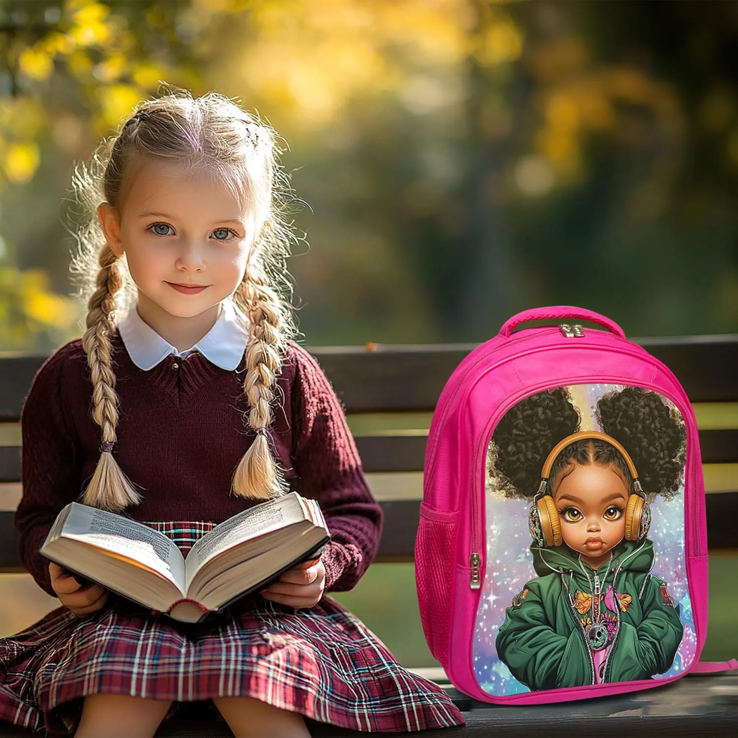 Cool Black Girl Backpack 3 PCS Set for Girls Teens, School Bag with Lunch Box Pencil Case, Lightweight Bookbag Perfect for Elementary Middle School Students