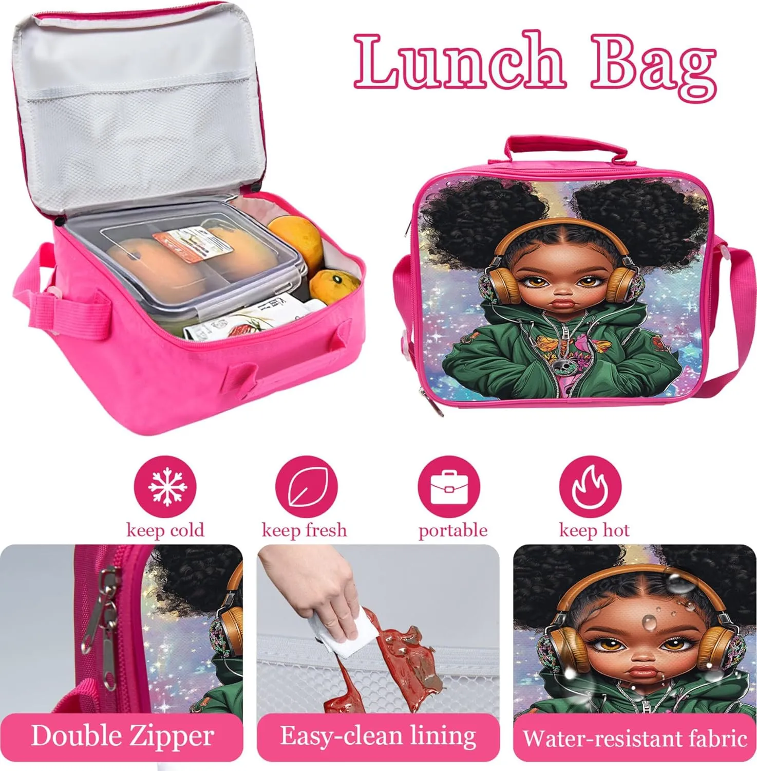 Cool Black Girl Backpack 3 PCS Set for Girls Teens, School Bag with Lunch Box Pencil Case, Lightweight Bookbag Perfect for Elementary Middle School Students