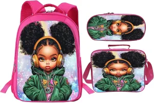 Cool Black Girl Backpack 3 PCS Set for Girls Teens, School Bag with Lunch Box Pencil Case, Lightweight Bookbag Perfect for Elementary Middle School Students