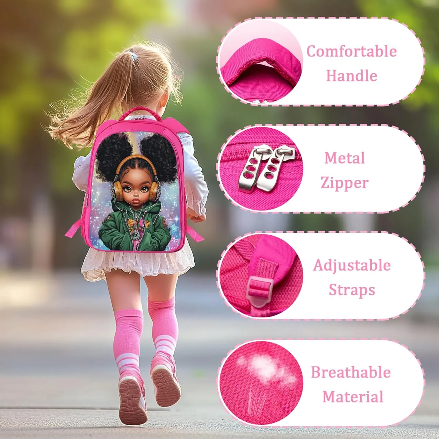 Cool Black Girl Backpack 3 PCS Set for Girls Teens, School Bag with Lunch Box Pencil Case, Lightweight Bookbag Perfect for Elementary Middle School Students