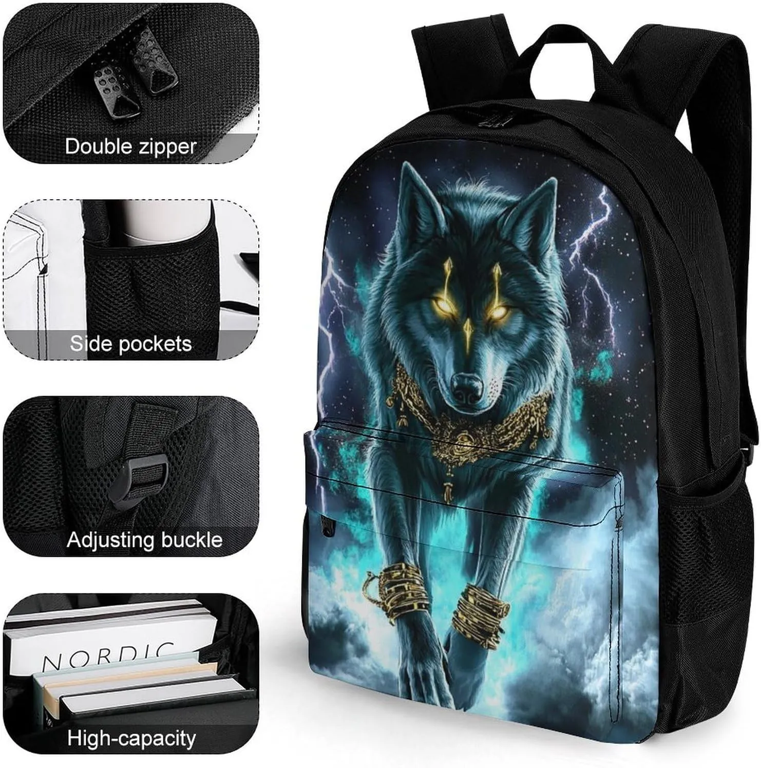 Cool Lightnings Cyan Wolf Backpack Polyester Anti-Theft Multipurpose Bookbag Large Capacity Laptop Book Bag Rucksack With Side Pockets