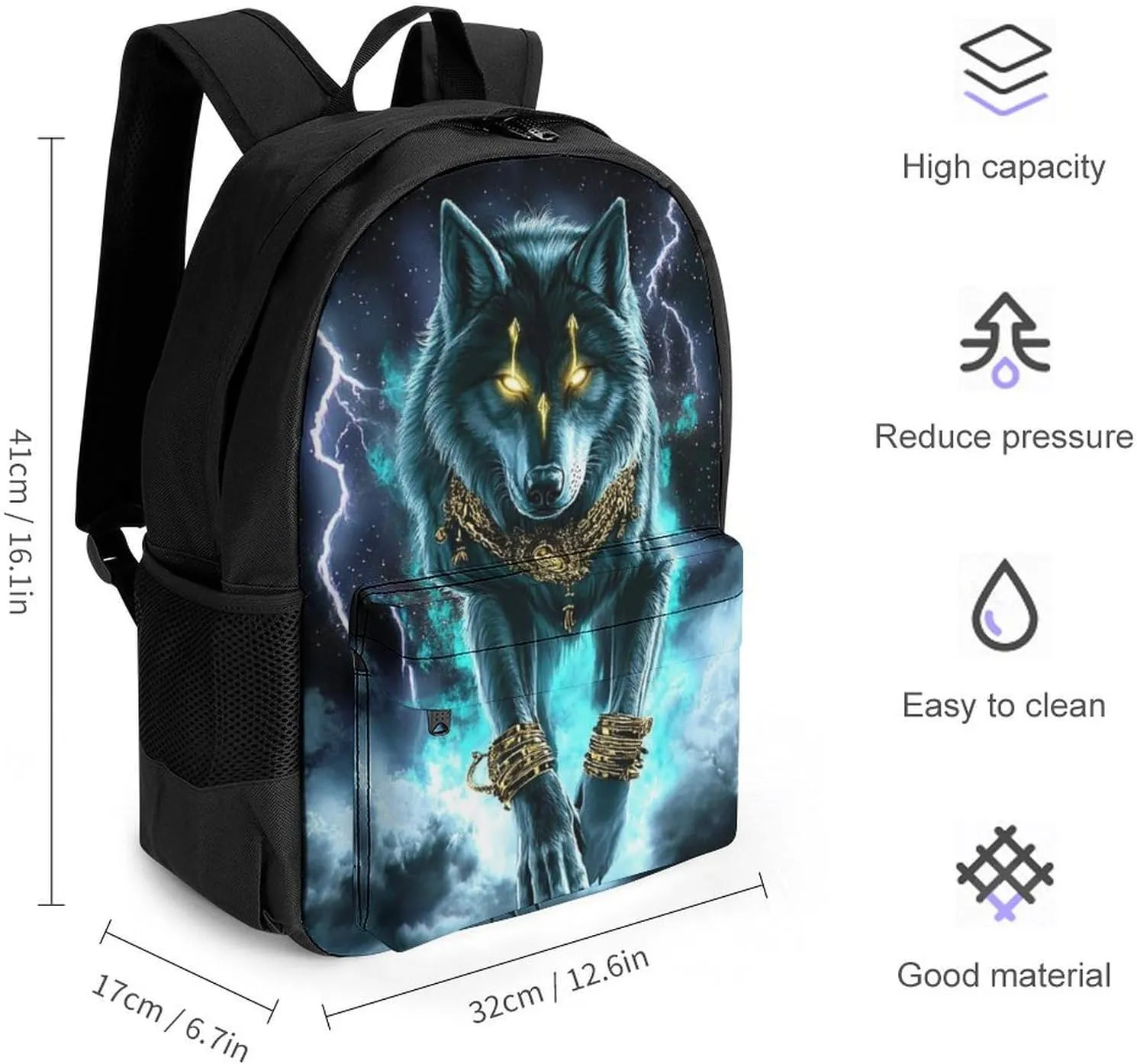 Cool Lightnings Cyan Wolf Backpack Polyester Anti-Theft Multipurpose Bookbag Large Capacity Laptop Book Bag Rucksack With Side Pockets