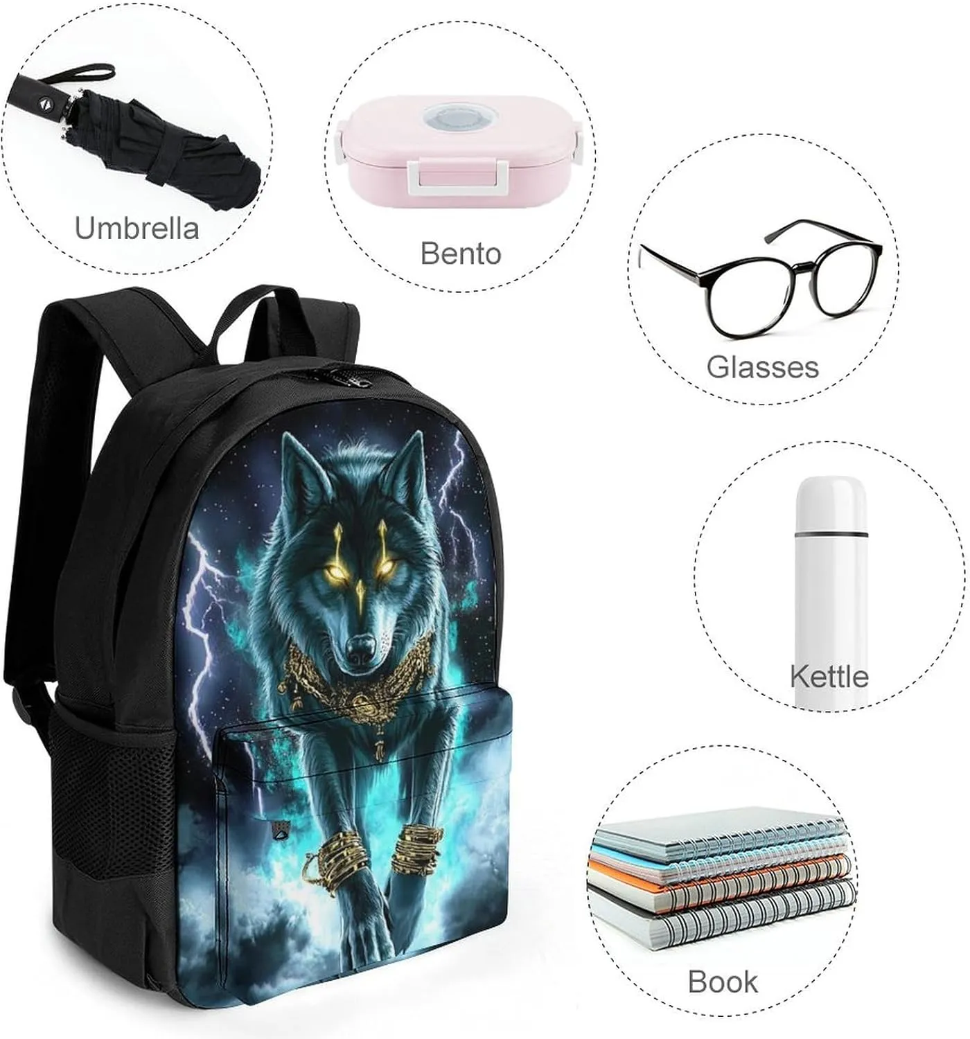 Cool Lightnings Cyan Wolf Backpack Polyester Anti-Theft Multipurpose Bookbag Large Capacity Laptop Book Bag Rucksack With Side Pockets