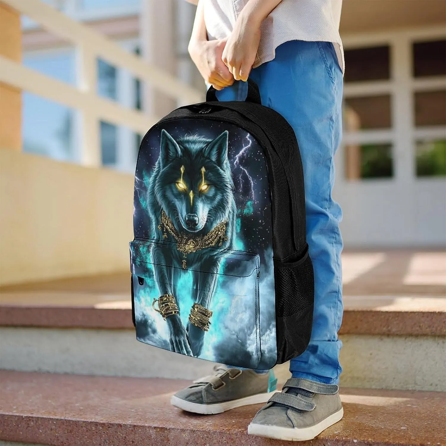 Cool Lightnings Cyan Wolf Backpack Polyester Anti-Theft Multipurpose Bookbag Large Capacity Laptop Book Bag Rucksack With Side Pockets