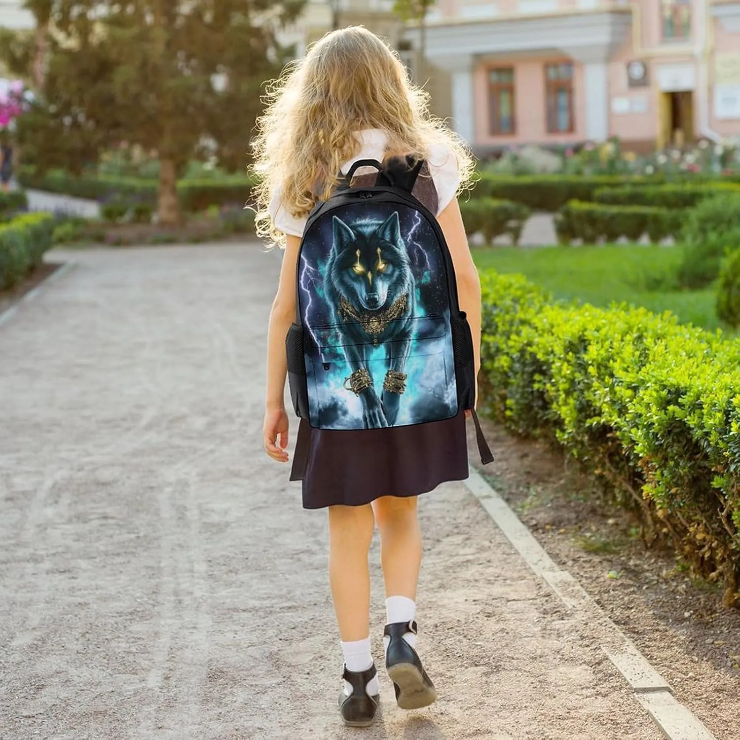 Cool Lightnings Cyan Wolf Backpack Polyester Anti-Theft Multipurpose Bookbag Large Capacity Laptop Book Bag Rucksack With Side Pockets