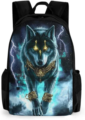 Cool Lightnings Cyan Wolf Backpack Polyester Anti-Theft Multipurpose Bookbag Large Capacity Laptop Book Bag Rucksack With Side Pockets