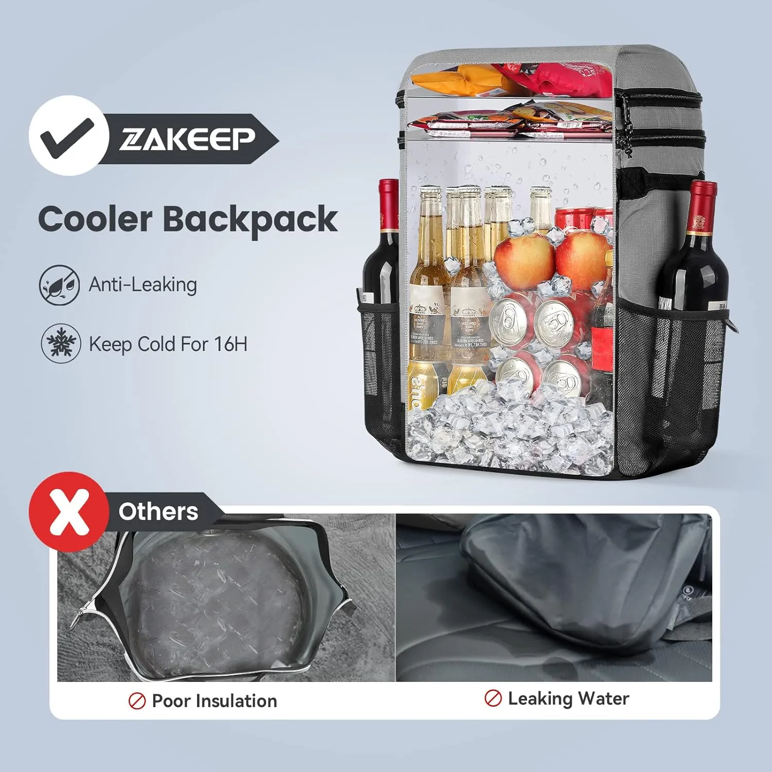 Cooler Backpack, 36 Cans Multifunctional Leakproof Cooler Backpack with Padded Top Handle, Mesh Pocket for Camping BBQ