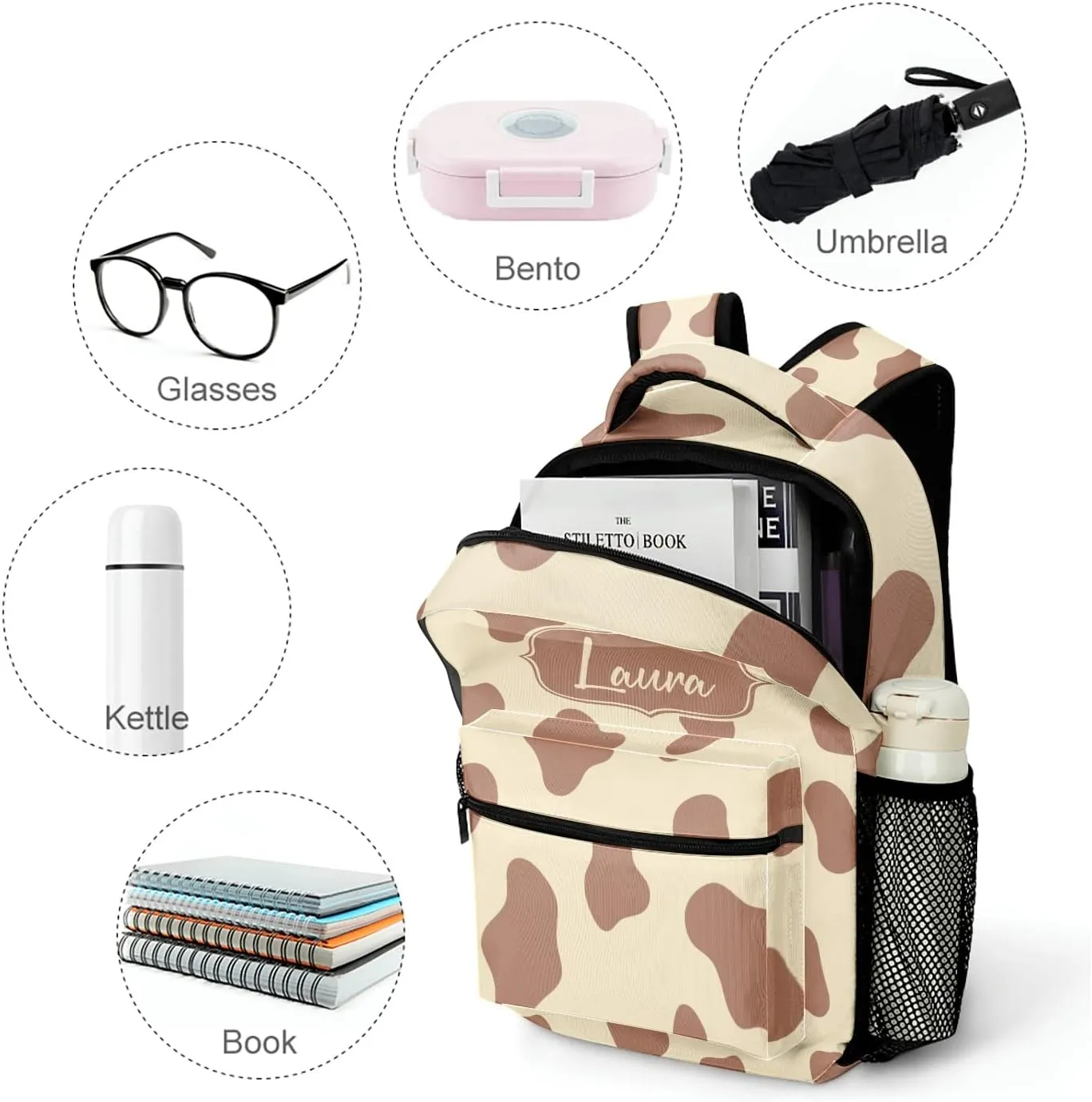 Cow Pattern Animal Skin Backpack Personalized Name Laptop Travel Hiking Camping Daypack