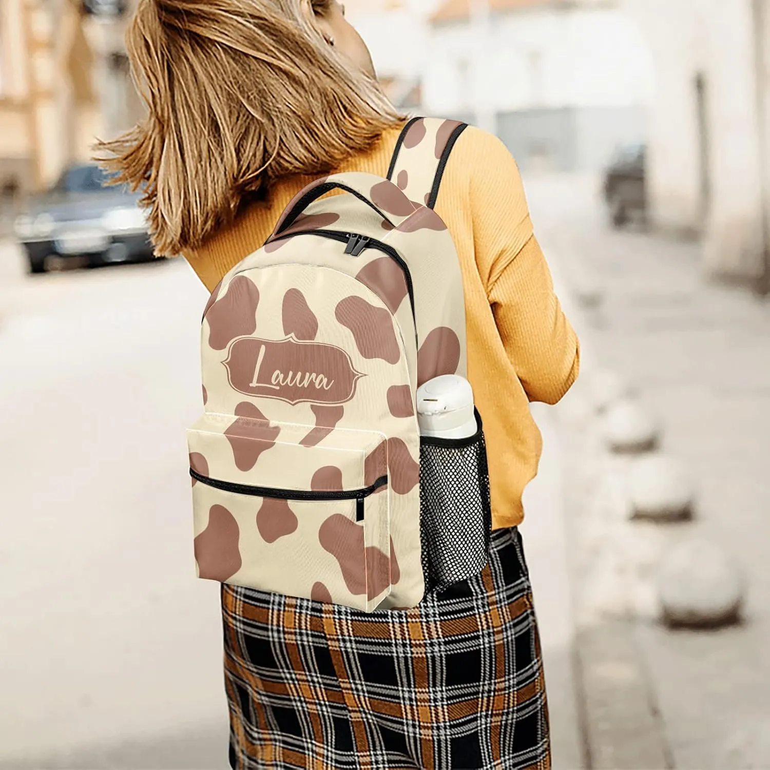 Cow Pattern Animal Skin Backpack Personalized Name Laptop Travel Hiking Camping Daypack