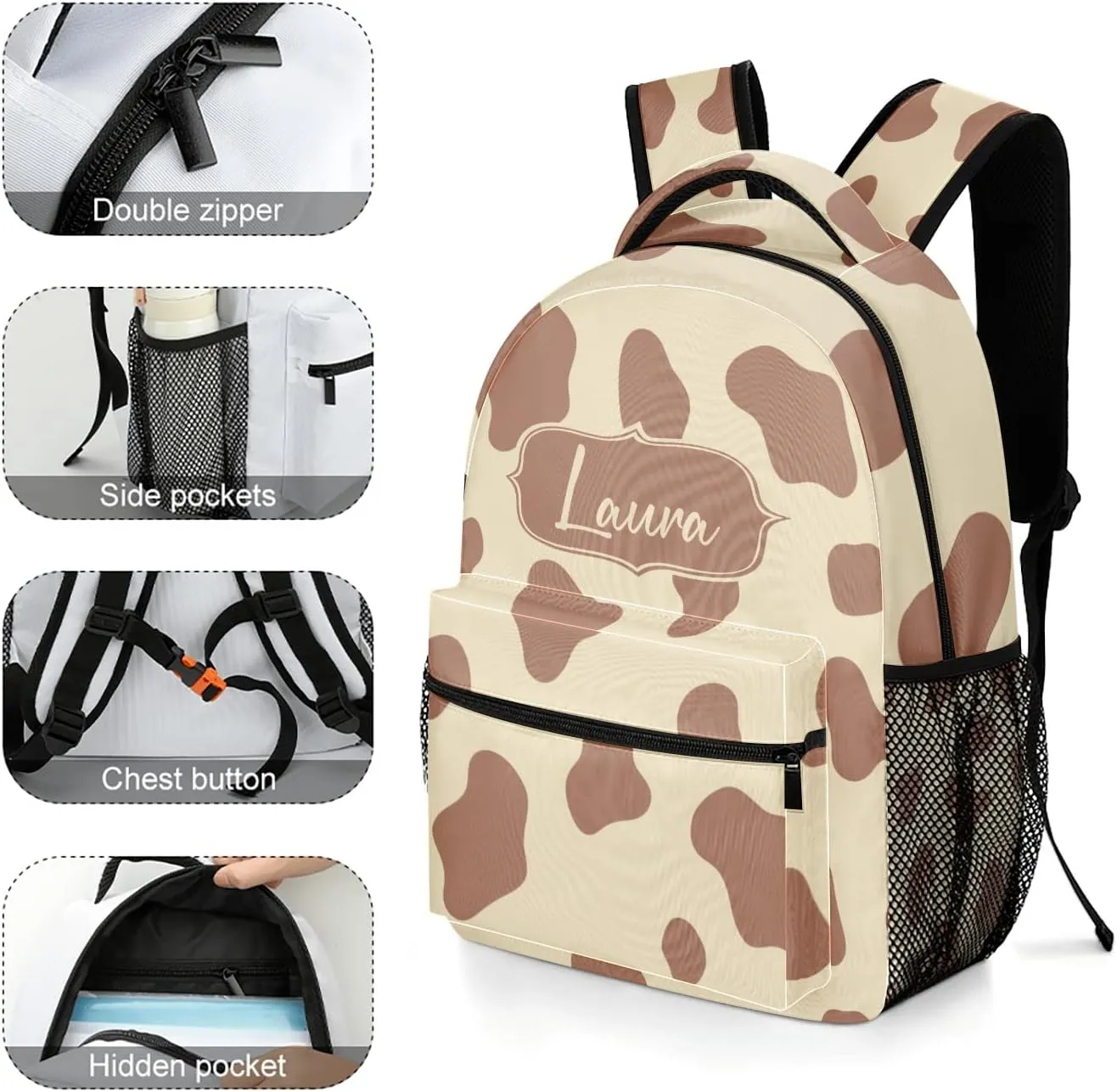 Cow Pattern Animal Skin Backpack Personalized Name Laptop Travel Hiking Camping Daypack