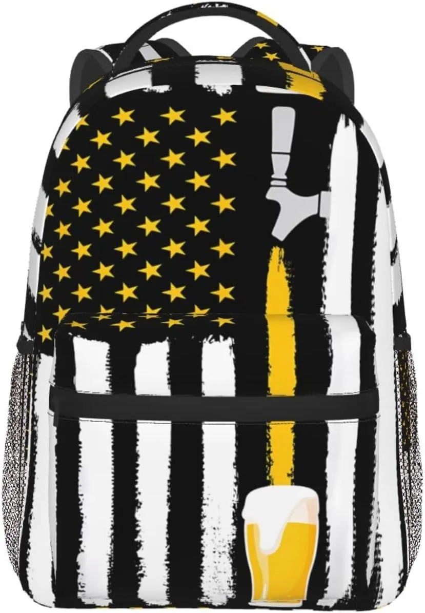 Craft Beer American Flag Usa 4th July Brewery Backpack Casual Pack Bag Laptop Backpack With Side Pocket Front Zipper Pocket Bookpack Travel Daypack Picnic Rucksack