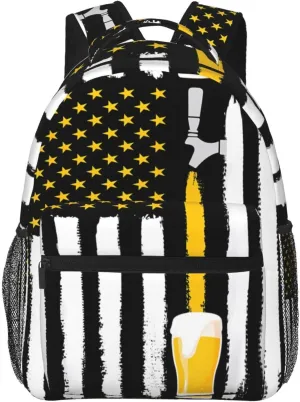 Craft Beer American Flag Usa 4th July Brewery Backpack Casual Pack Bag Laptop Backpack With Side Pocket Front Zipper Pocket Bookpack Travel Daypack Picnic Rucksack