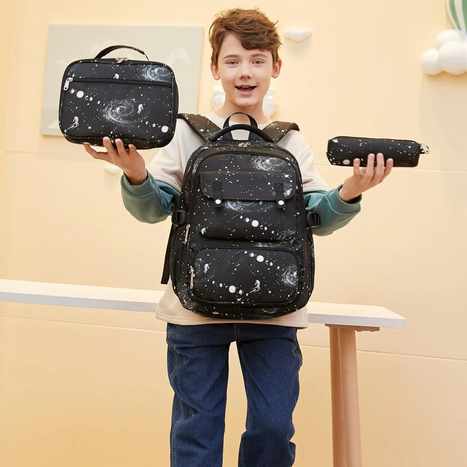 Createy Boys Backpack, Galaxy Backpack for Boys School Bags Elementary Bookbags Primary School Backpack Kids Backpack with Lunch Box and Pencil Case