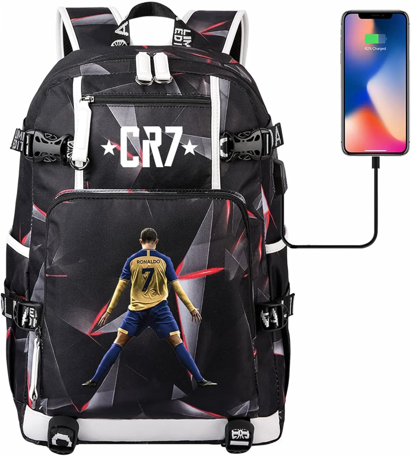 Cristiano Ronaldo Backpack with USB Charging Port Outdoor Travel Bookbag Classic Canvas Bagpack Lightweight Daypack