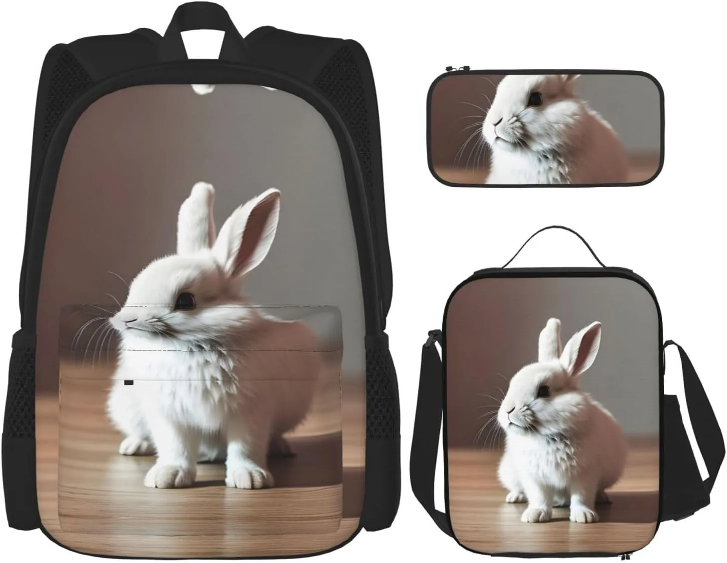Cry White Rabbit Print Travel Backpack For Women 3-Piece Set With Insulated Lunch Box,For Outdoor Travel
