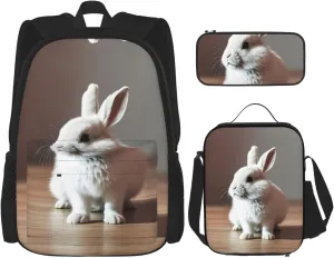 Cry White Rabbit Print Travel Backpack For Women 3-Piece Set With Insulated Lunch Box,For Outdoor Travel