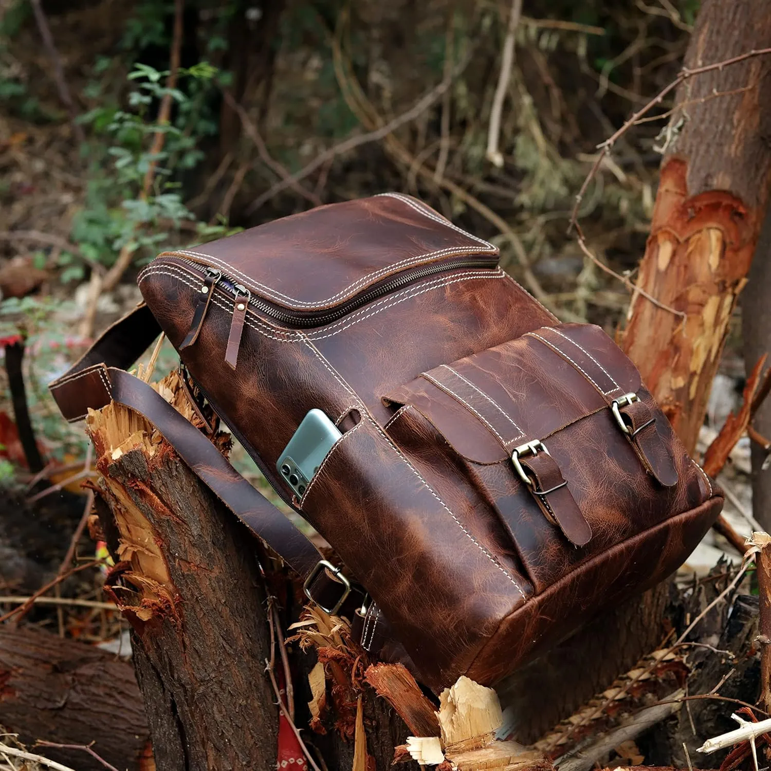 cuero C Full Grain Leather Backpack for Men - 17 Inch Laptop Bag - Vintage Travel Rucksack - Casual Daypack for Womens (BROWN)