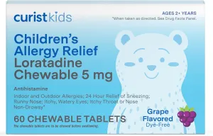Curist Children's Allergy Medicine Chewable (Loratadine 5mg) 60 Count Grape Flavor - 24 Hour Allergy Relief for Sneezing, Runny Nose, Itchy Eyes & Throat - Kids Allergy Medicine Chewable Tablets