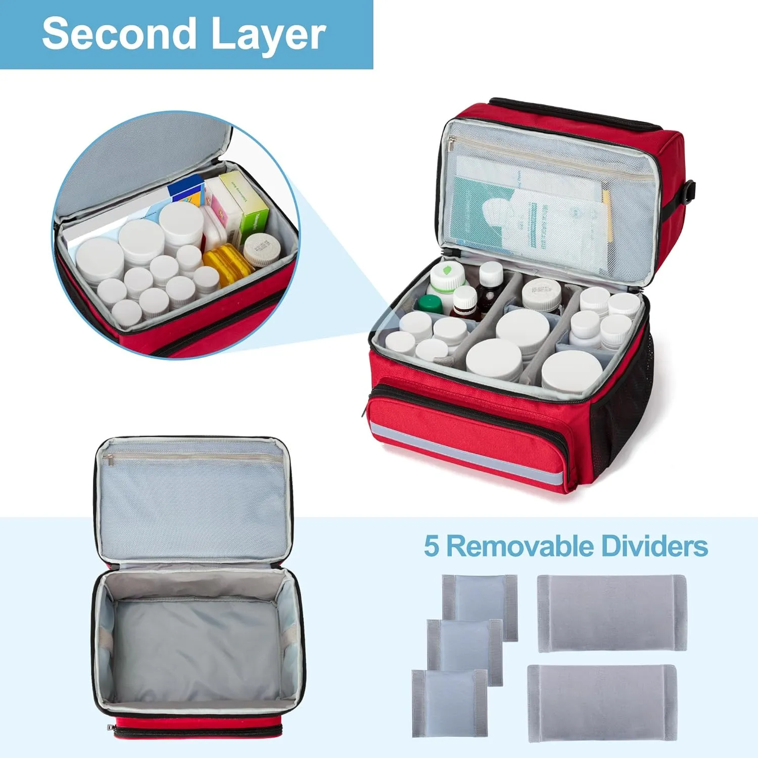 CURMIO Double Layers Medicine Storage Bag, Pill Bottle Organizer Bag with Inner Dividers, Medication Travel Bag for Vitamins, Supplements, Prescription Bottles, Medical Supplies, Red (Patent Design)