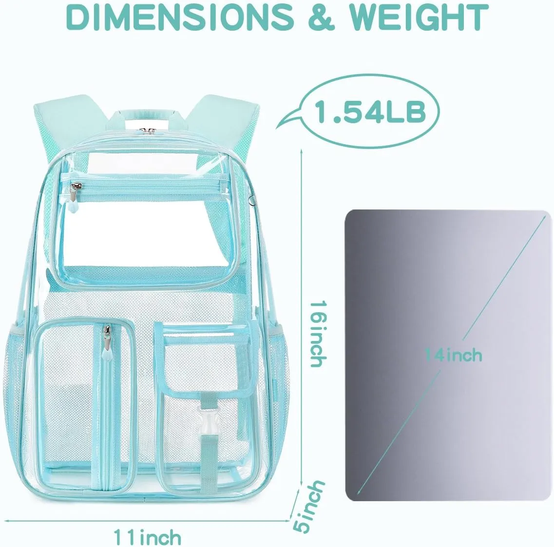 Cusangel Clear Light Blue Backpack For Girls, Heavy Duty Transparent BookBag,16inch TPU Large Capacity See Through Bag for Sport Events,Travel,Stadiums,Work