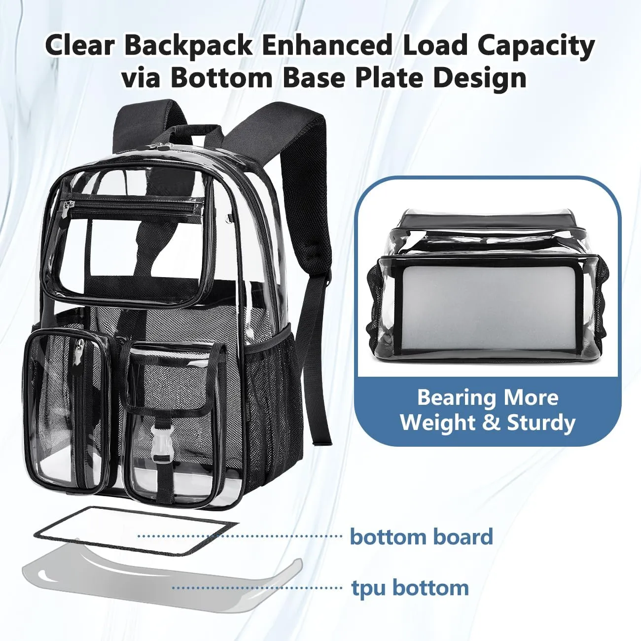 Cusangel Clear Light Blue Backpack For Girls, Heavy Duty Transparent BookBag,16inch TPU Large Capacity See Through Bag for Sport Events,Travel,Stadiums,Work