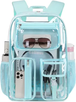 Cusangel Clear Light Blue Backpack For Girls, Heavy Duty Transparent BookBag,16inch TPU Large Capacity See Through Bag for Sport Events,Travel,Stadiums,Work