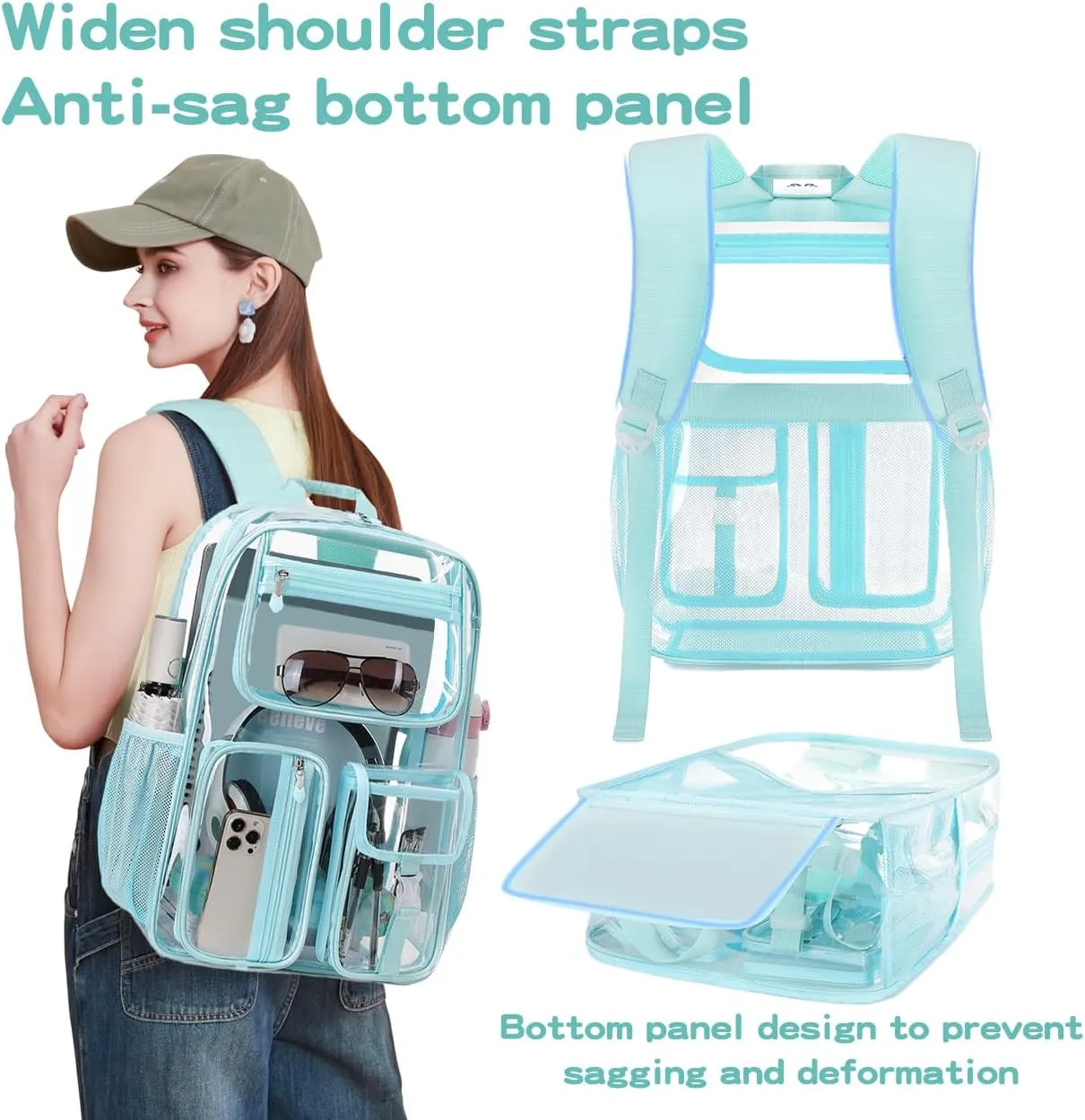 Cusangel Clear Light Blue Backpack For Girls, Heavy Duty Transparent BookBag,16inch TPU Large Capacity See Through Bag for Sport Events,Travel,Stadiums,Work